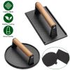 2Pcs Cast Iron Grill Press Pre-Seasoned Steak Weights Smash Burger Press Bacon Meat Smasher with Wood Handle 7in Round & 8.2x4.25in Rectangular Grill