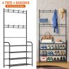 Entryway Coat Hat Rack Shoe Storage Shelf 4 Tier Shoe Rack Freestanding Hall Tree Garment Hanger Stand Clothes Shoe Organizer Combo