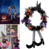 Halloween Witch Wreath Pumpkin Door Decorations Artificial Party Hanging Handmade Wreath Garland with Hat Legs for Front Door Indoor Wall Decoration