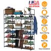 8-Tier 3-Row Shoe Rack Metal Shoe Storage Shelf Free Standing Large Shoe Stand 42 Pairs Shoe Tower Unit Tall Shoe Organizer with 2 Hooks for Entryway