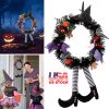 Halloween Witch Wreath Pumpkin Door Decorations Artificial Party Hanging Handmade Wreath Garland with Hat Legs for Front Door Indoor Wall Decoration