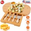 Oval Bamboo Cheese Board Knife Set Wooden Cheese Serving Platter Tray with 4 Stainless Steel Knives Pull-out Storage Drawer for Wedding Birthdays