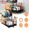 2-Tier Dish Drying Rack for Kitchen Counter Space Saving Rustproof Dish Rack with Drainboard Detachable Kitchen Drainer Organizer Set with Utensil Hol