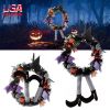 Halloween Witch Wreath Pumpkin Door Decorations Artificial Party Hanging Handmade Wreath Garland with Hat Legs for Front Door Indoor Wall Decoration