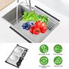 Extra Large Stretchable Roll Up Dish Drying Rack with 2 Removable Utensil Baskets Foldable Over Sink Stainless Steel Dish Drying Rack 12.59in to 23.22