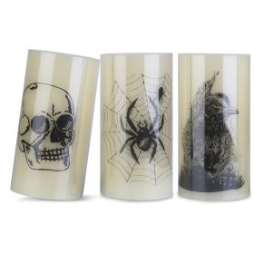 3 Pack Halloween Flameless Candle Lamp with Timer Setting Battery Operated Warm Orange Light Candles for Halloween Party Decoration Spider Crow Skull