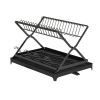 2 Tier Dish Drying Rack with Cup Holder Foldable Dish Drainer Shelf for Kitchen Countertop Rustproof Utensil Holder with Drainboard Black