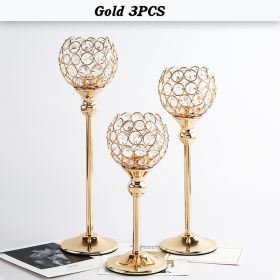 Gold/Silver Crystal Candle Holder Pillar Metal Tealight Candlestick Wedding Table Centerpiece Party Christmas Home Desktop Decor - Gold 3PCS - CN