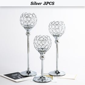 Gold/Silver Crystal Candle Holder Pillar Metal Tealight Candlestick Wedding Table Centerpiece Party Christmas Home Desktop Decor - Silver 3PCS - CN