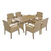 Outdoor Patio 7-Piece Dining Table Set All Weather PE Rattan Dining Set with Wood Tabletop and Cushions for 6; White - Brown