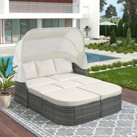 Outdoor Patio Furniture Set Daybed Sunbed with Retractable Canopy Conversation Set Wicker Furniture  - Beige