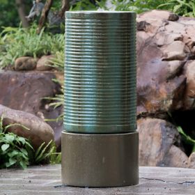 19.5x19.5x43.5" Large Concrete Cylinder Green & Brown Ribbed Water Fountain, Outdoor Bird Feeder / Bath Fountain, Modern Industrial Style - as Pic