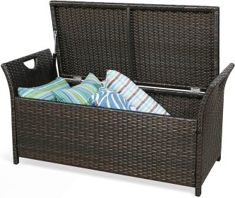 Patio Wicker Storage Bench Outdoor Rattan Deck Storage Box with Cushion (Beige) - Beige