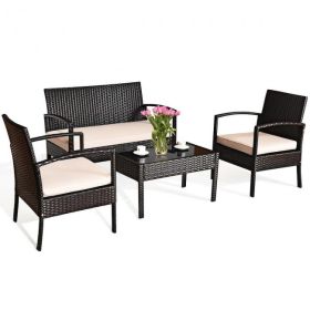 4 Pieces Patio Furniture Sets Rattan Chair Wicker Set Outdoor Bistro - as show