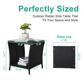 Outdoor Patio Wicker Side Table, Square End Table Bistro Coffee Table with Glass Top Storage Shelf for Porch Garden Backyard Black - as picture