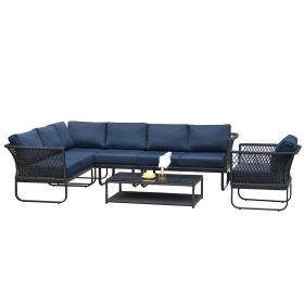 6 Piece Sectional Rattan Wicker 6 Person Sofa Set Patio Conversation Set, Navy Blue - Navy Blue