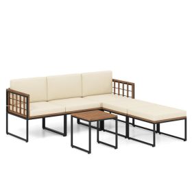 6 Pieces Acacia Wood Patio Furniture Set with Coffee Table and Ottomans - Beige