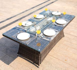 Aluminum Outdoor Dining Table Wicker Patio Gas Fire Pit Table in Brown (Table Only) - Rectangular