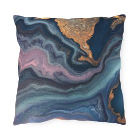 Decorative Outdoor Pillows With Zipper - Set Of 2, Blue Pink Gold Abstract Marble Swirl Pattern - 16" × 16"