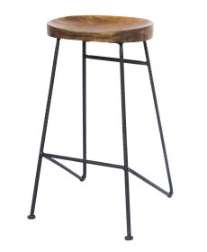 28 Inch Bar Stool with Mango Wood Saddle Seat, Iron Rod Legs, Brown and Black - as Pic