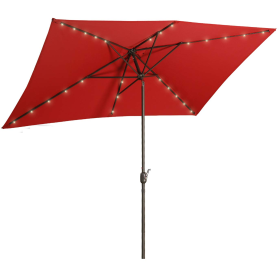 Waterproof Rectangular Patio Umbrella and Solar Lights 6.5 ft. x 10 ft. , 26 LED lights, Push Button Tilt, Crank in RED - as Pic