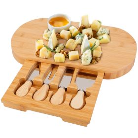 Oval Bamboo Cheese Board Knife Set Wooden Cheese Serving Platter Tray with 4 Stainless Steel Knives Pull-out Storage Drawer for Wedding Birthdays