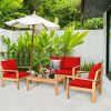 4 Pieces Patio Acacia Wood Thick Cushion Loveseat Sofa Set - Red