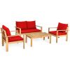 4 Pieces Patio Acacia Wood Thick Cushion Loveseat Sofa Set - Red