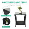 Outdoor Patio Wicker Side Table, Square End Table Bistro Coffee Table with Glass Top Storage Shelf for Porch Garden Backyard Black - as picture