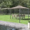 Patio 9.8ft.L x 9.8ft.W Gazebo with Extended Side Shed/Awning and LED Light for Backyard; Poolside; Deck; Brown - Brown