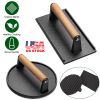 2Pcs Cast Iron Grill Press Pre-Seasoned Steak Weights Smash Burger Press Bacon Meat Smasher with Wood Handle 7in Round & 8.2x4.25in Rectangular Grill