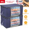 2Pcs Clothes Storage Bag 90L Large Capacity Foldable Closet Organizer w/ Thick Fabric Clear Window Dual-Zipper for Clothes Comforters Blankets Bedding