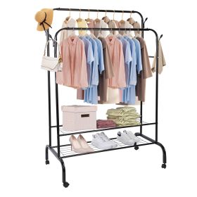 Garment Hanging Rack Clothing Hanging Rail Pillow Shoe Display Organizer Clothes Organizer Stand with 2 Rails 2 Shelves 4 Rolling Wheels 4 Hooks (Option: Black  GPCT4308)