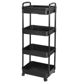 4 Tier Rolling Utility Cart Movable Storage Organizer with Drawer Lockable Wheels 360 Degree Rotatable Hallow Design for Bedroom Bathroom Kitchen (Option: Black 4Tier  GPCT4393)