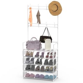 5-Tier Dustproof Entryway Hall Tree Coat Rack Shoe Rack With 8 Removable Hooks Freestanding Shoe Storage Shelf Hat Clothes Organizer For Front Door Be (Option: White  GPCT5059)