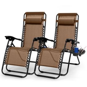 2Packs Zero Gravity Lounge Chair w/ Dual Side Tray 330lbs Load Foldable Recliner Chair w/ Stress Relief Pillow Patio Poolside Beach Lying Chair (Option: Brown  GPCT840)