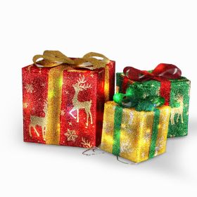 Set of 3 Christmas Lighted Gift Boxes Xmas Present Ornament 50 LED Christmas Box Decorations with Ribbon Bows IP44 Waterproof Battery Powered for Indo (Option: Deer)