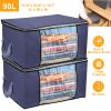 2Pcs Clothes Storage Bag 90L Large Capacity Foldable Closet Organizer w/ Thick Fabric Clear Window Dual-Zipper for Clothes Comforters Blankets Bedding